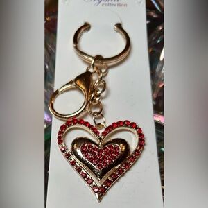 Gold & Red Rhinestone Heart in a Heart, Keychain & Purse Charm. NWT